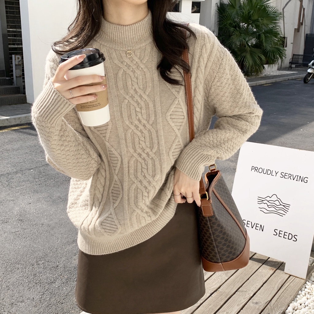 (ORDER) Áo len cổ lọ xoắn thừng dày dặn form thụng màu nhẹ nhàng vintage Hàn Quốc