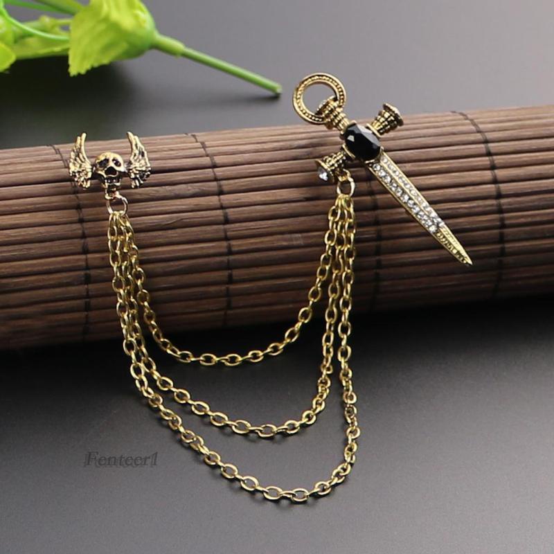 [Fenteer1] Trâm Cài Áo Nam Hình Đầu Lâu Pha Lê Tua Rua Phong Cách Punk