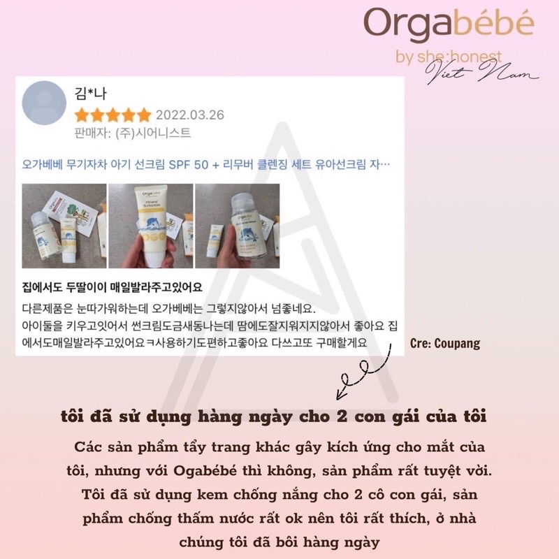 [HÀNG CHÍNH NGẠCH] Kem chống nắng và nước tẩy trang ORGABEBE Hàn Quốc an toàn cho bé