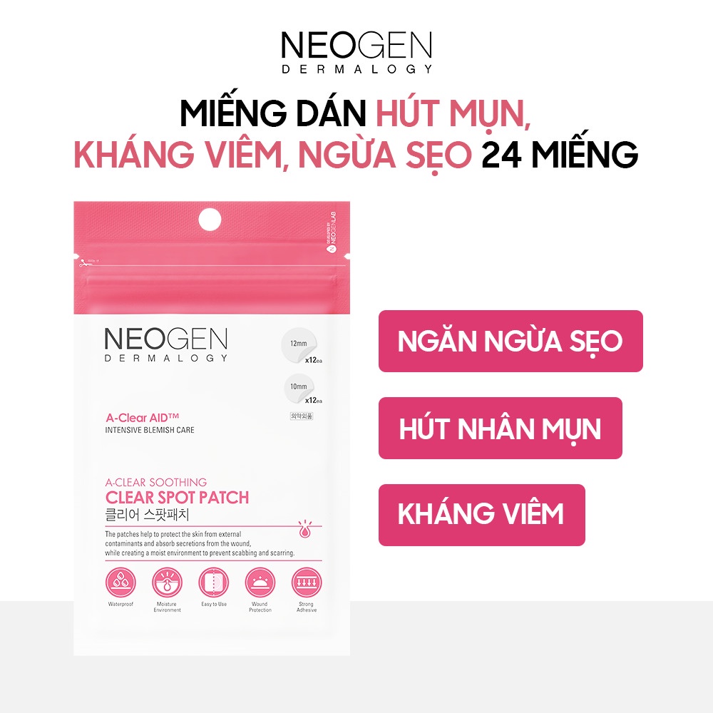 Miếng dán mụn giảm sưng viêm, ngừa sẹo Neogen Dermalogy A-Clear Soothing Clear Spot Patch 24 Miếng/2 Tờ Hàn Quốc