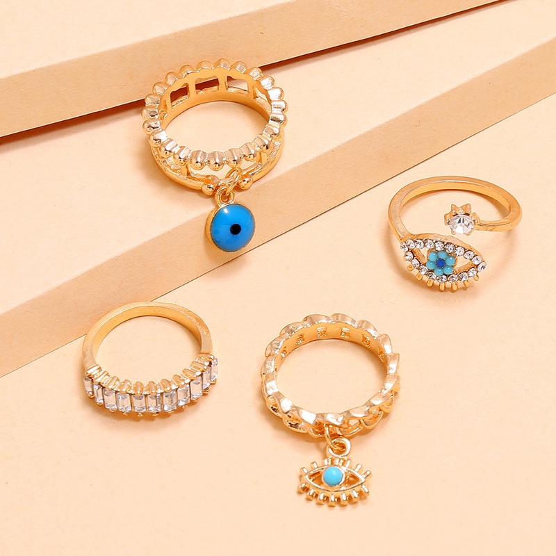 Set 4 Nhẫn Đeo Tay Kim Loại Đính Đá Màu Vàng Phong Cách Vintage Thời Trang