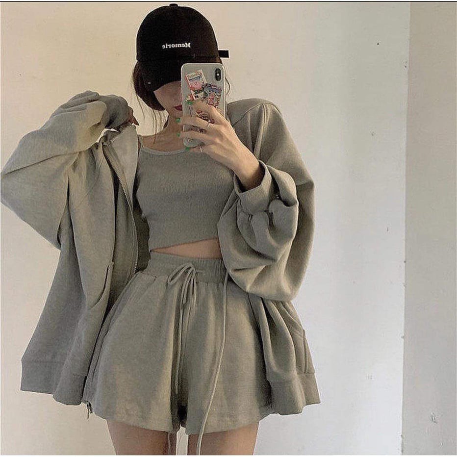 Set đồ hoodie nữ trơn ulzzang chất cotton cho mùa hè ( MÀU XÁM, ĐEN, TRẮNG+ ẢNH THẬT )