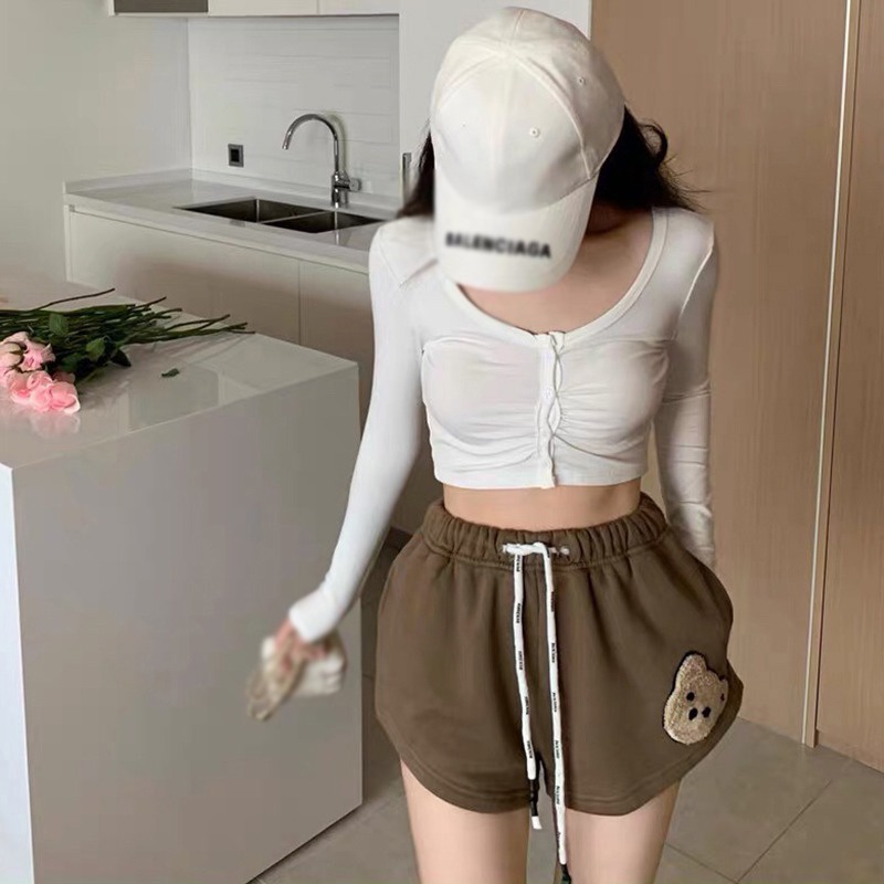 Quần Short Thể Thao Lưng Cao Dây Rút In Họa Tiết Gấu Hoạt Hình Dễ Thương Phong Cách Hàn Quốc Cho Nữ