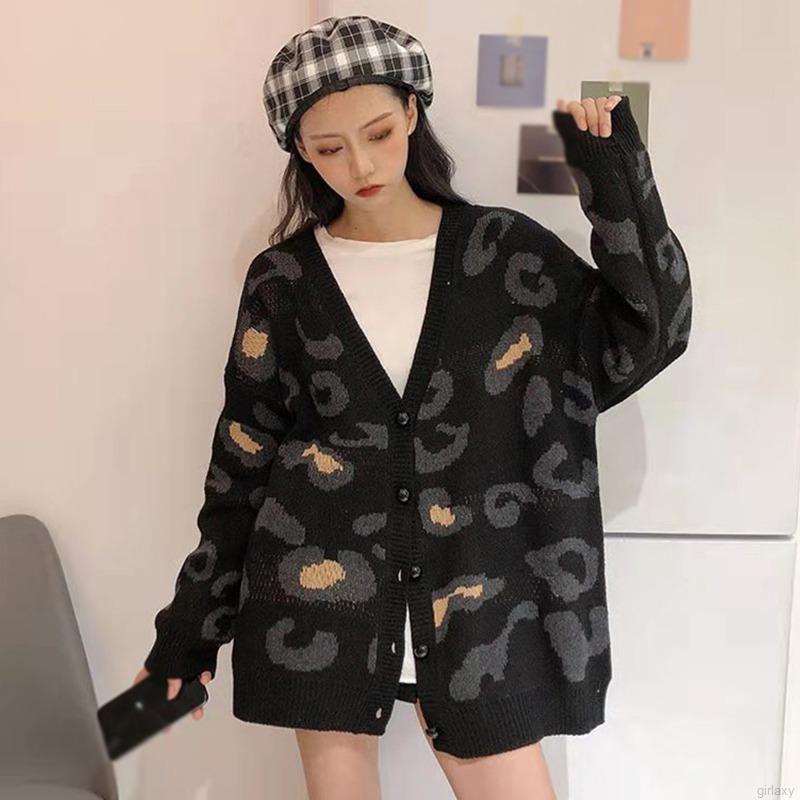 Áo Khoác Cardigan Dệt Kim Tay Dài Cổ Chữ V Hoạ Tiết Da Báo Phong Cách Hàn Quốc