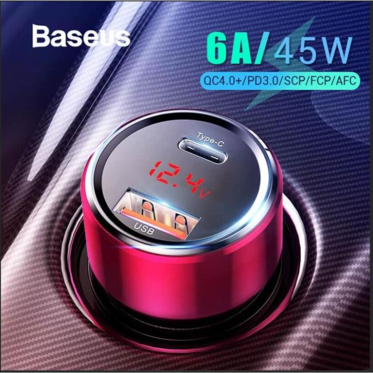 Tẩu sạc xe hơi 45w Baseus -  Sạc nhanh ô tô 2 cổng sạc USB và Type-C có đèn LED hiển thị dòng điện - SPK Official