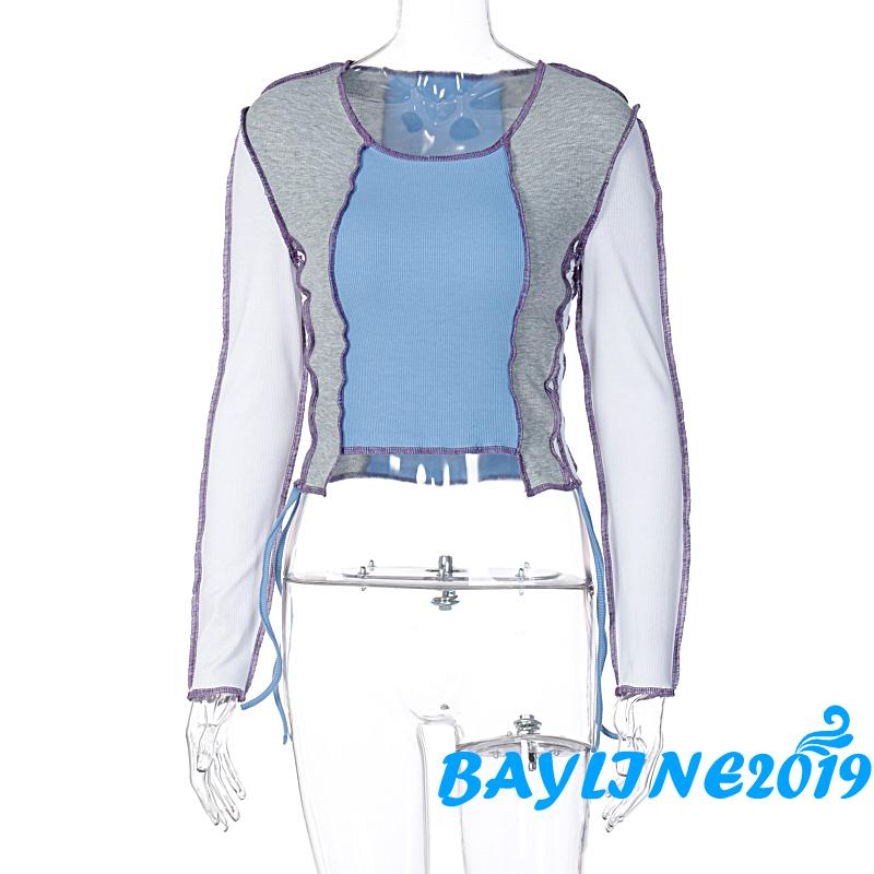 Áo Croptop Tay Dài Phối Màu Thời Trang Cho Nữ