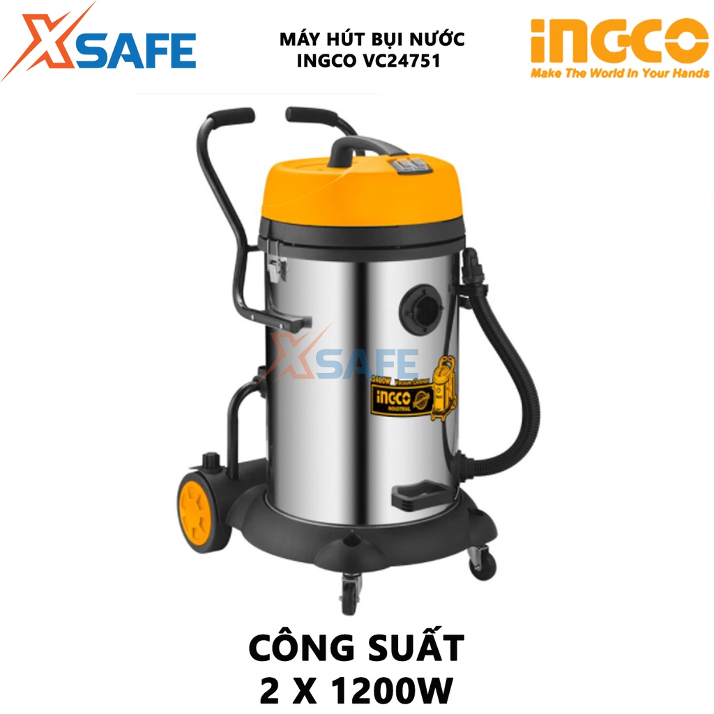 Máy hút bụi INGCO VC24751 1200W, hút bụi khô và ướt, dung tích 75L, bình chứa thép không gỉ, dây cáp 5.5m, kèm phụ kiện