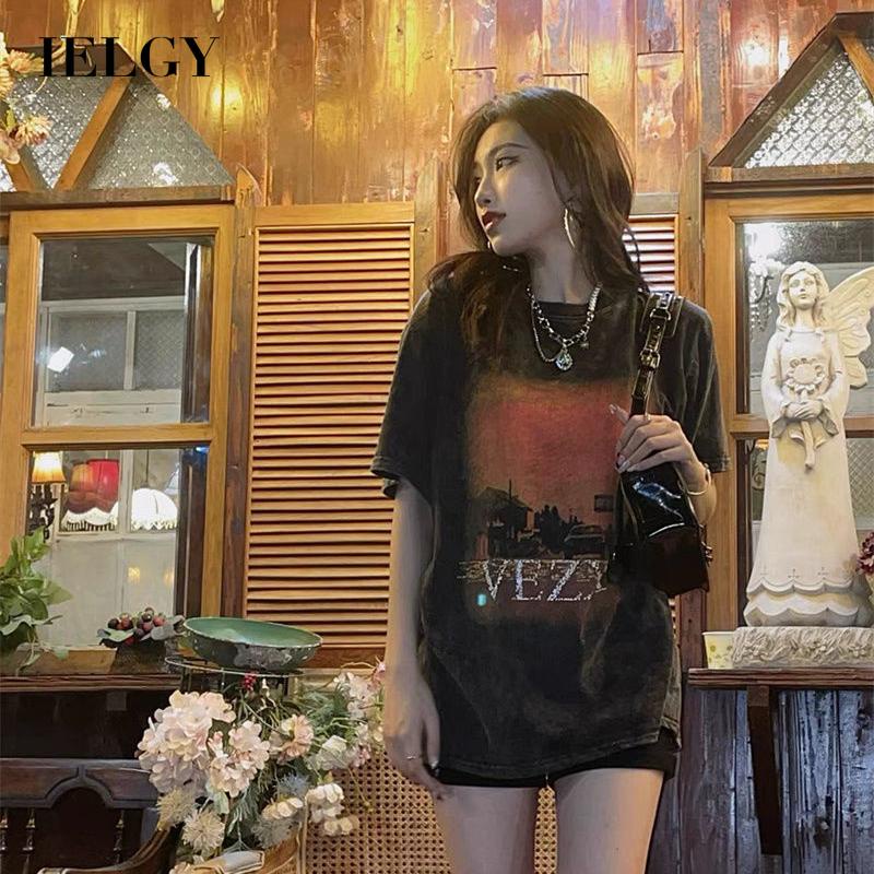 IELGY Áo thun vải cotton dáng rộng tay ngắn phong cách retro thời trang cho nữ