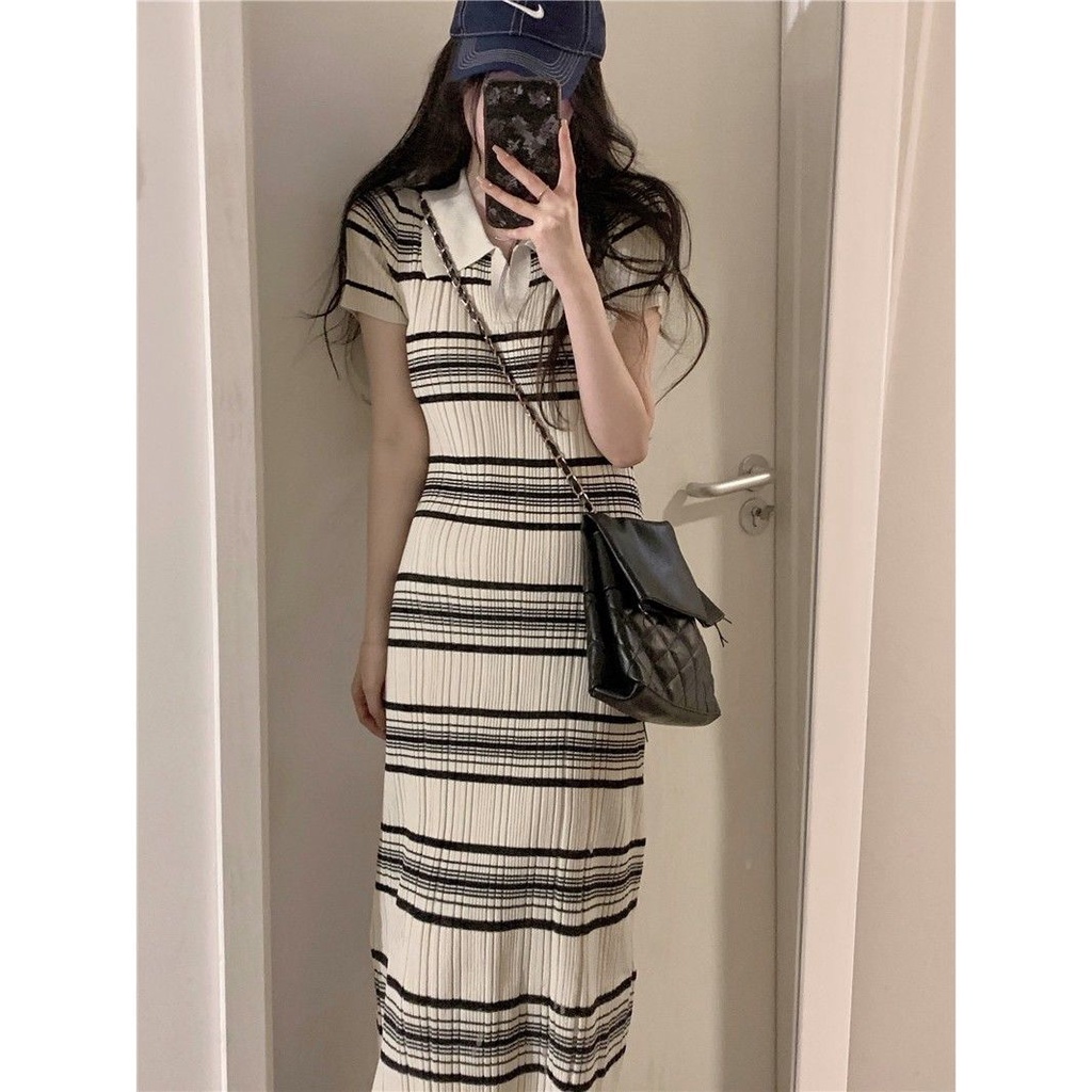 Váy dệt kim cổ polo ôm của nữ thời trang hàn quốc Đầm dài dệt kim sọc giản dị nữ