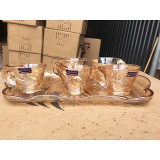 BỘ CỐC THUỶ TINH PHA LÊ VÀNG Kèm KHAY deli ( Bộ 6 cốc)