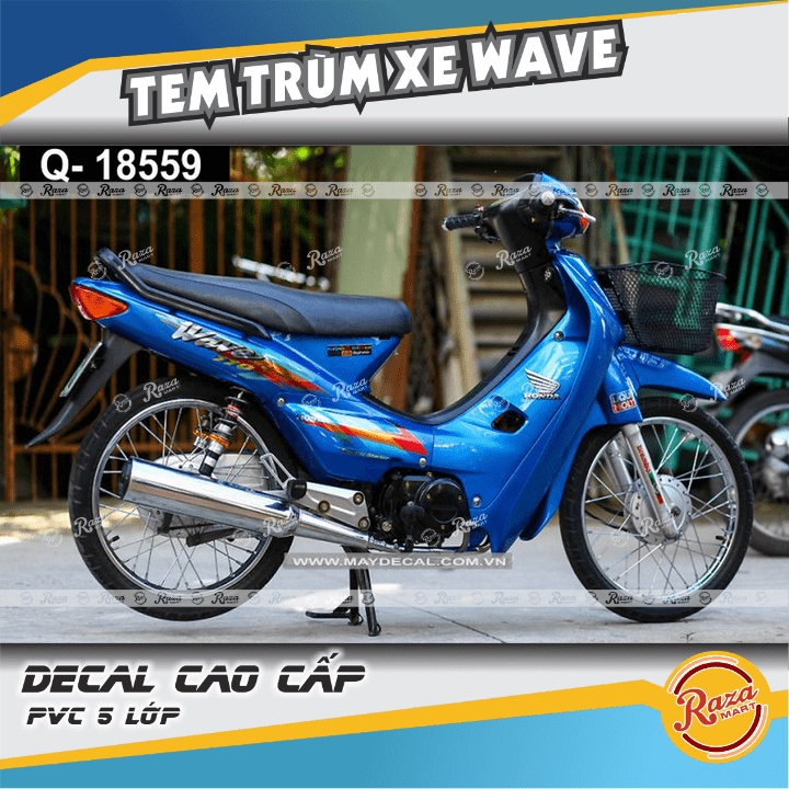 Tem Trùm xe Wave nhỏ, Wave ZX, Wave đời đầu màu xanh | Decal PVC 5 lớp cao cấp | Mã tem: WAV 1000