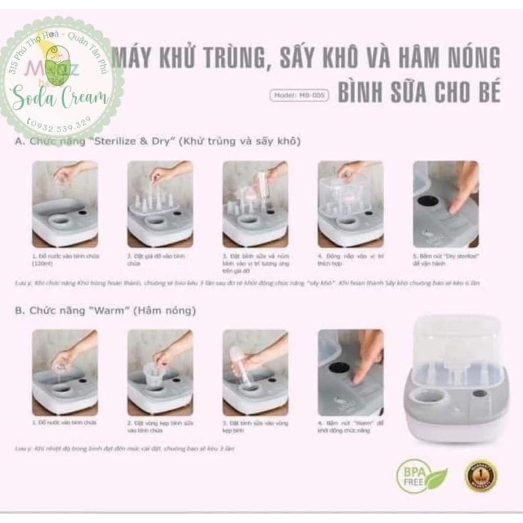 [CHÍNH HÃNG 1 ĐỔI 1] Máy hâm sữa, tiệt trùng sấy khô Moaz bebe MB-005 bảo hành 1 đổi 1 trong 12 tháng