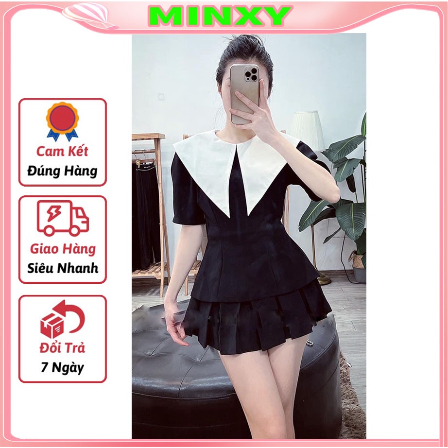 Sét áo cổ trắng phối chân váy chất mangto cao cấp-MINXY SHOP