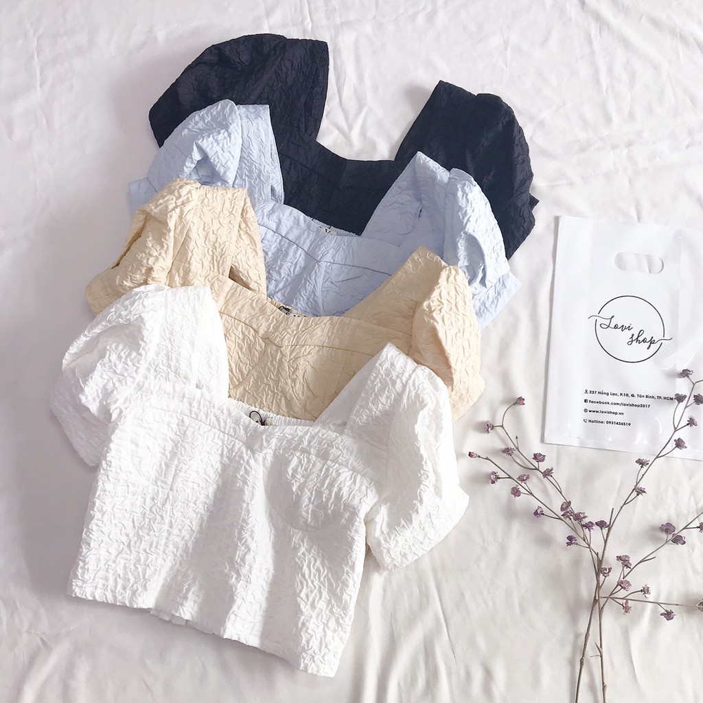 ❧♣♨Áo xốp chun croptop cổ vuông tay phồng Lovi