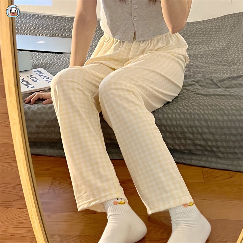 Quần Ngủ Sọc Caro Form Rộng Thoáng Khí Phong Cách Hàn Quốc Cho Nữ