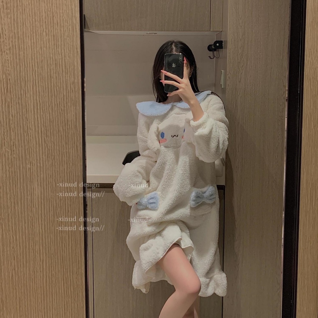 Đầm ngủ vải lông cừu san hô phong cách nhân vật hoạt hình Cinnamoroll thời trang thu đông Hàn Quốc dễ thương cho nữ