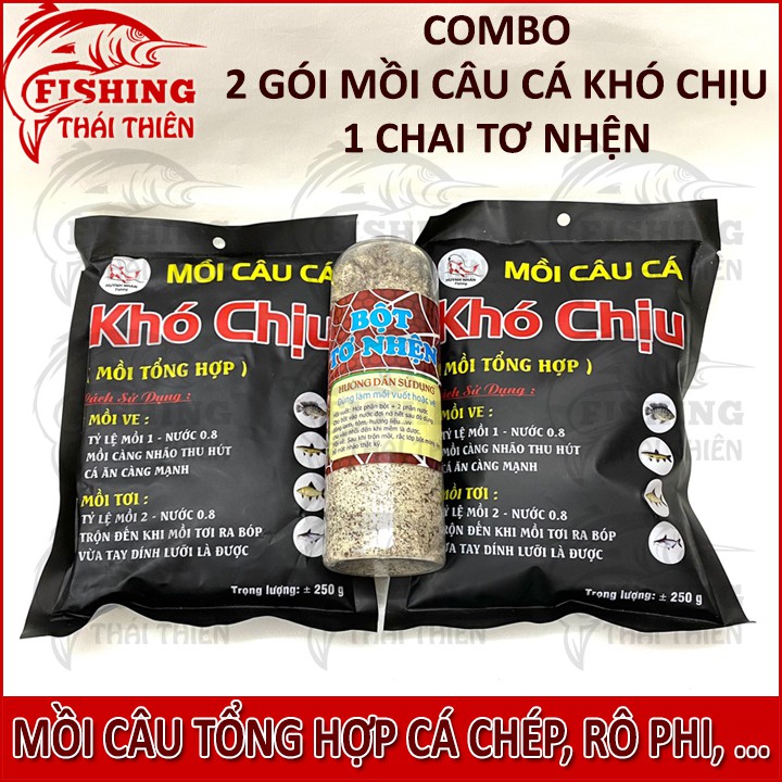 Combo 2 Gói Mồi Câu Cá Khó Chịu Đen, 1 chai tơ nhện dùng vuốt mồi câu chuyên câu cá chép, rô phi,...