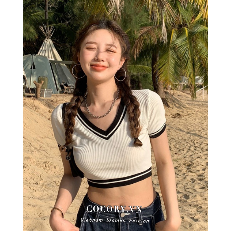 Cocory vn Áo Croptop Dệt Kim Tay Ngắn Cổ Chữ V Thời Trang Mùa Hè Quyến Rũ Cho Nữ