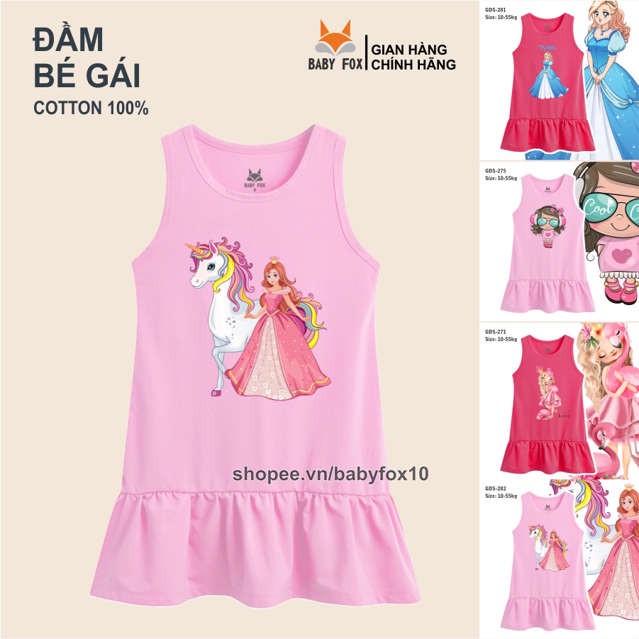 Đầm thun bé gái 100% cotton loại tốt, thương hiệu BABY FOX, in hình công chúa, size nhỏ, trung, đại e
