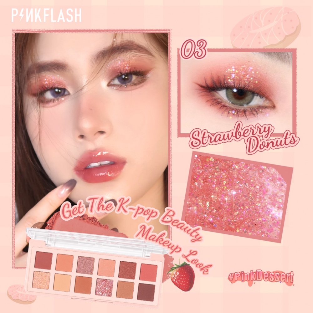 Bảng phấn mắt PINKFLASH 12 màu tông hồng mịn và mịn màng chống nước lâu trôi