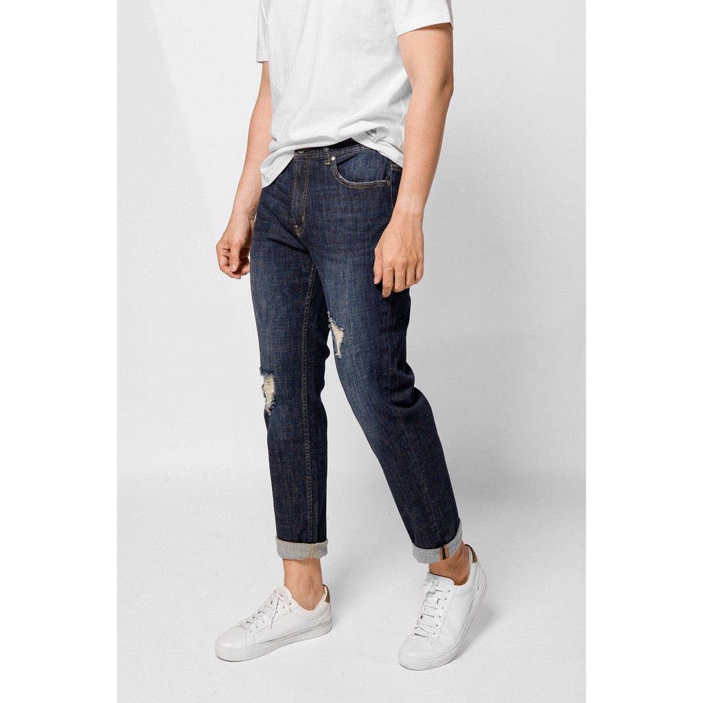 Quần jeans ROUTINE - Quần jean nam màu Xanh đậm rách form slim crop - 10S20DPA047 shop LASTORE