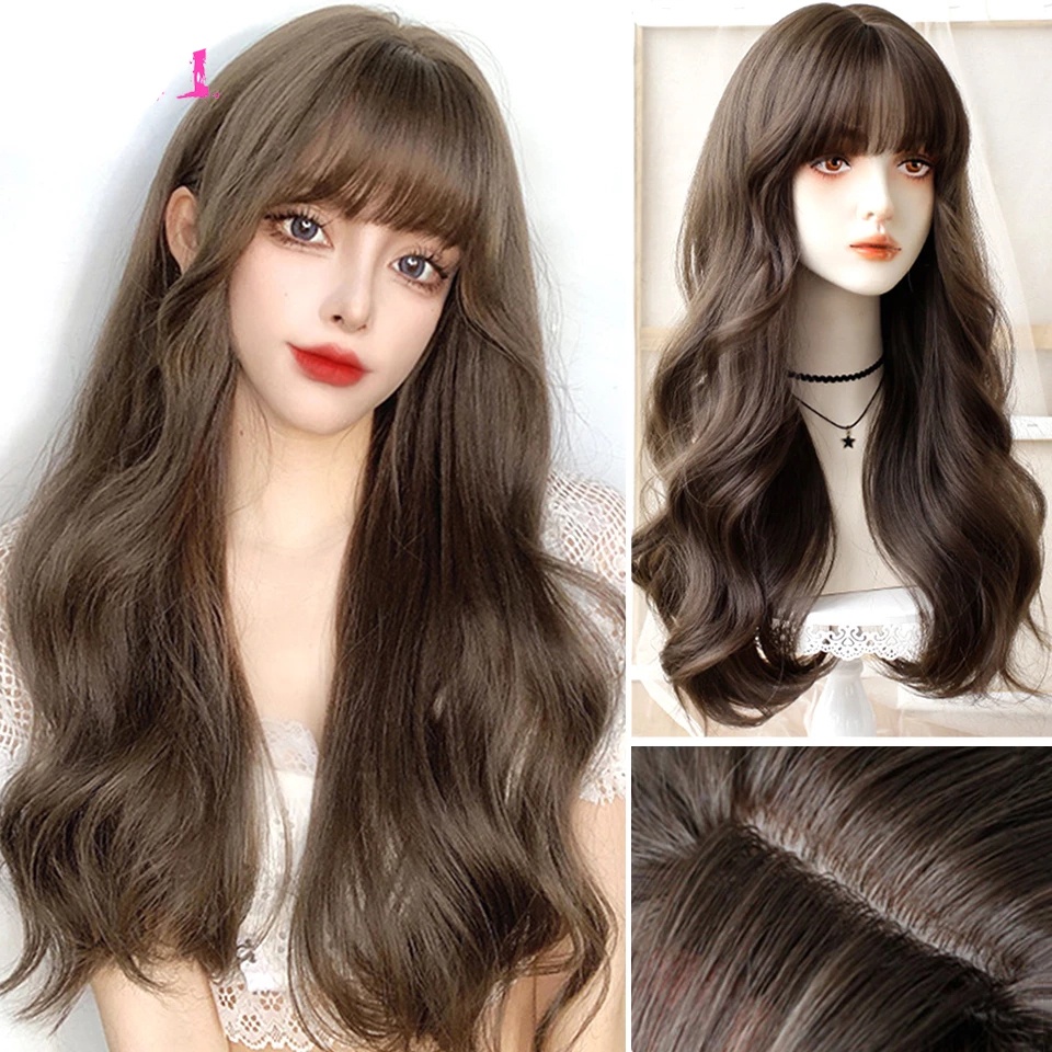 Tóc Giả Dài Xoăn Gợn Sóng Bằng Sợi Tổng Hợp Kháng Nhiệt Màu Đen/Nâu/Nâu/Xám Tự Nhiên Dành Cho Nữ Hóa Trang