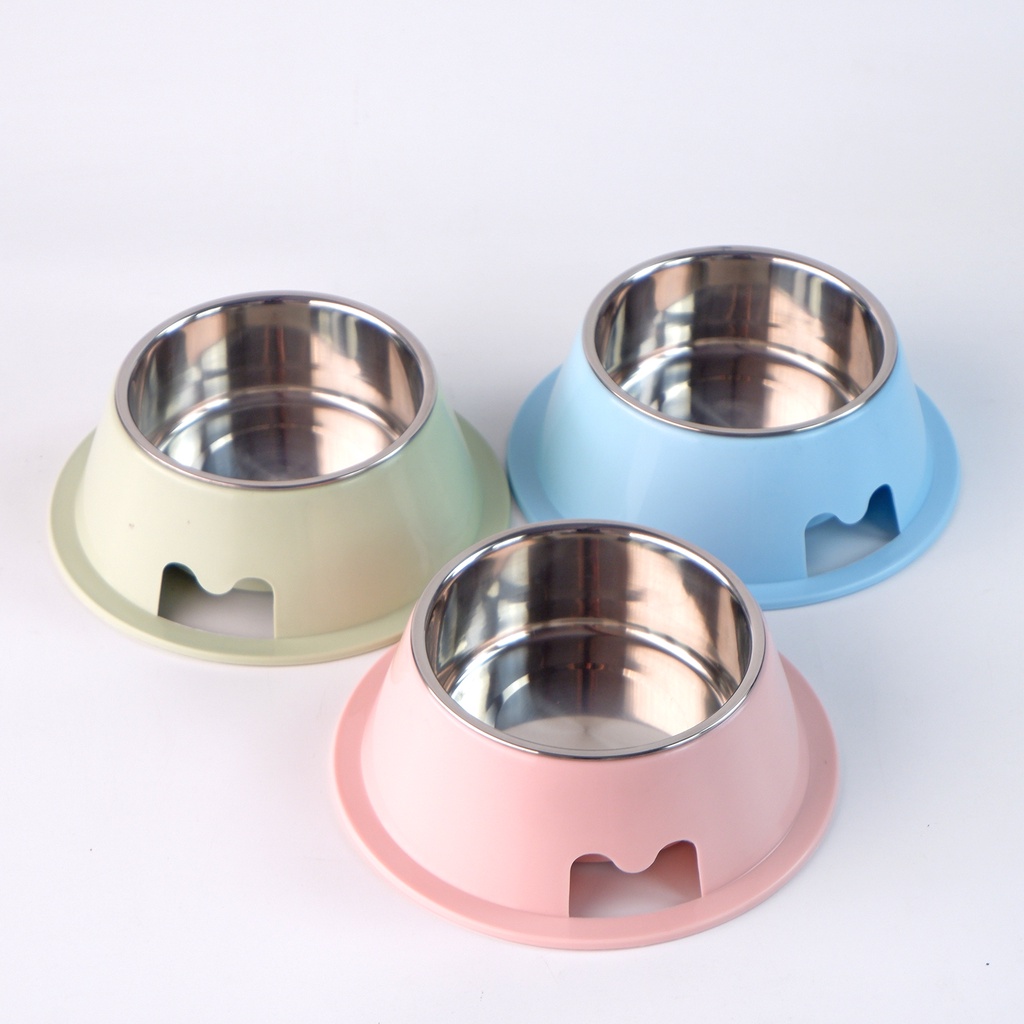 Bát ăn cho chó mèo bằng inox đế nhựa rộng chống lật hình tròn có khoét lỗ chữ M