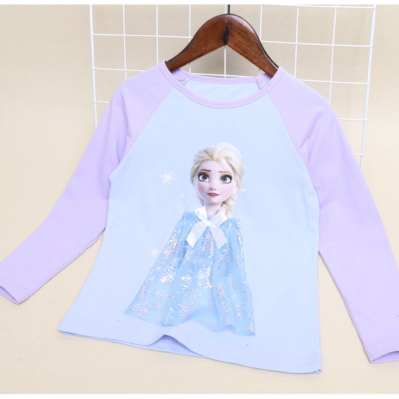 DISNEY Áo Thun Tay Dài Phối Ren 3D In Hình Công Chúa Elsa Cho Bé Gái 2-10 Tuổi