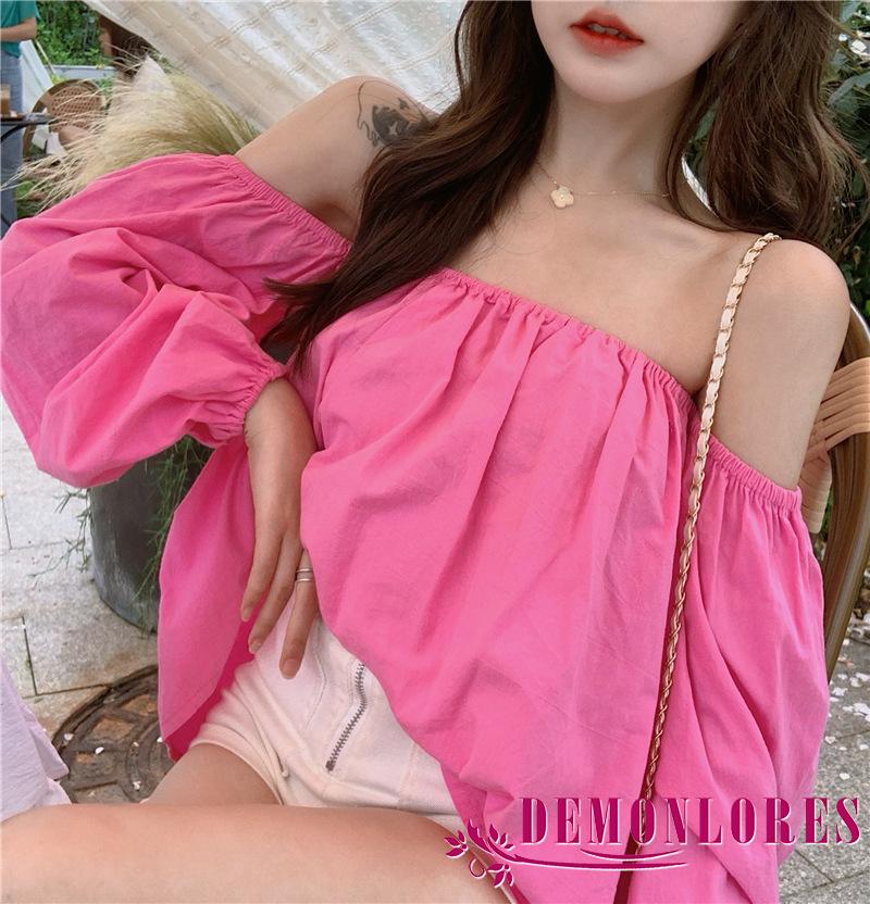 Áo trễ vai tay dài dáng rộng màu trơn thời trang cho nữ