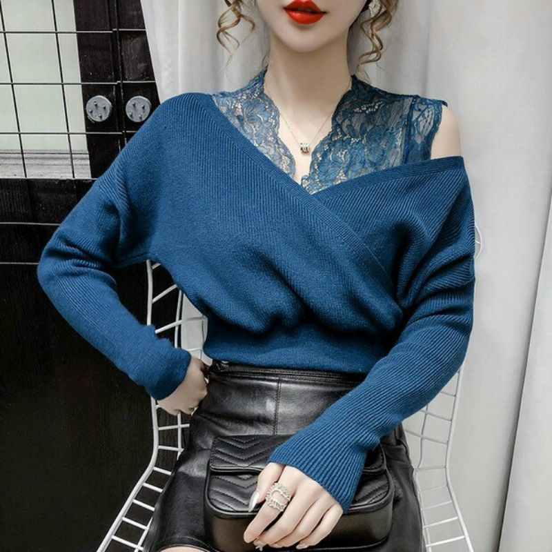 Hàng nhập - Áo len kiểu nữ phối vai ren, áo ấm thu đông cổ V cách điệu