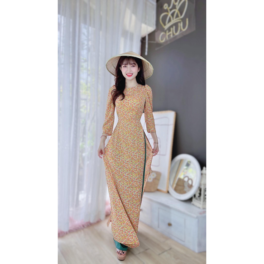 Áo dài nữ cách tân hoa nhí tay phồng không kèm quần CHUU AD8041