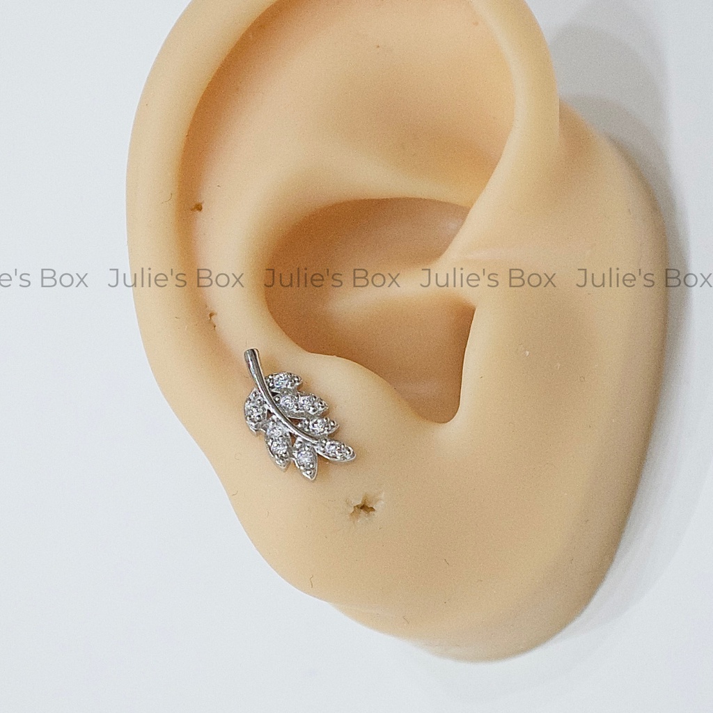 [1 Chiếc] Khuyên Tai Titan Lá Cây Đính Đá Unisex Màu Bạc Đuôi Bi Không Gỉ Sét Không Ngứa Bông Tai Nam Julies Box 66