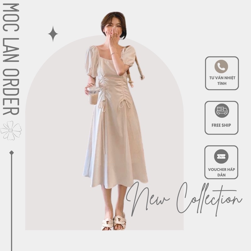 (MộcLan ORDER) Váy MORAN tay phồng cổ vuông eo rút dây 2 bên xòe dài tiểu thư sang trọng kiểu Pháp