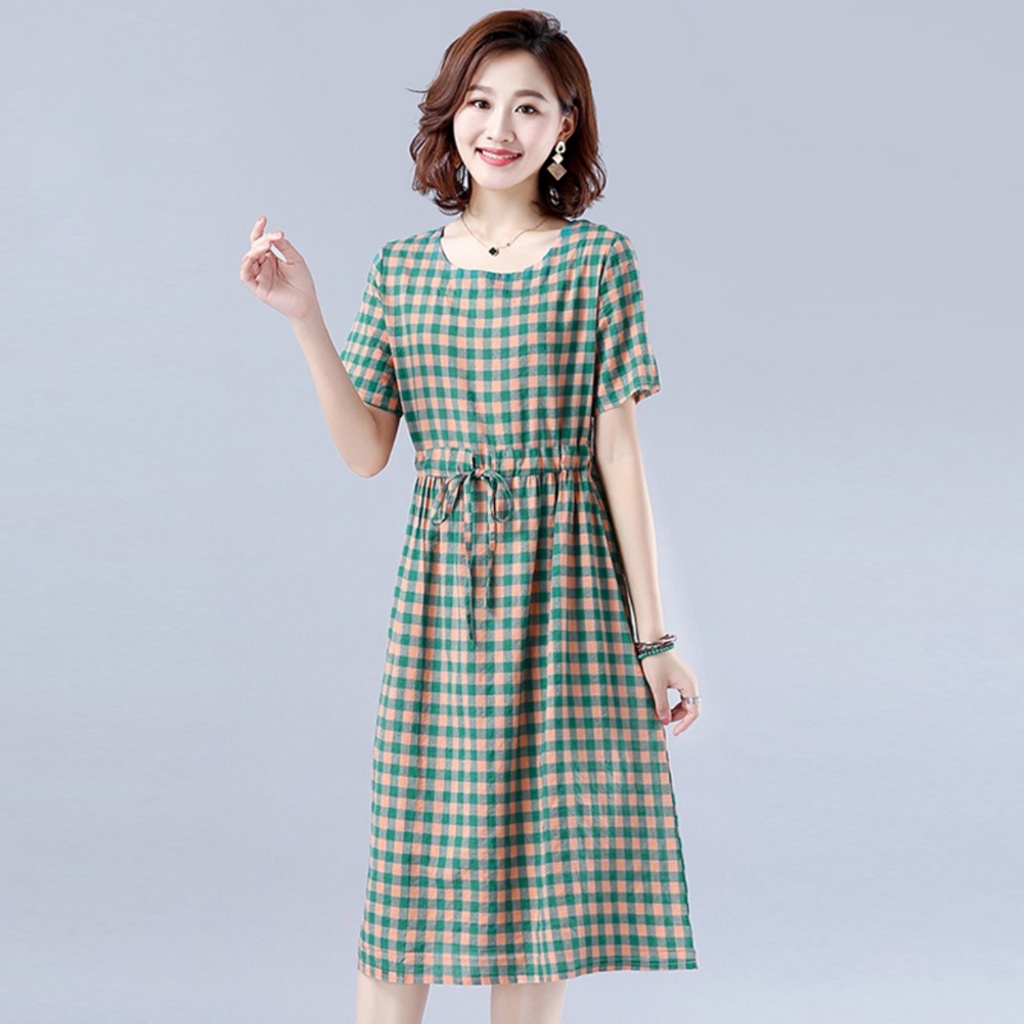 Đầm linen dáng suông kèm dây rút eo, đầm bigsize dáng dài qua gối da169