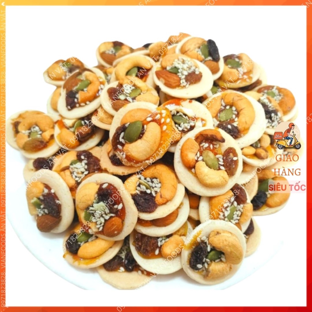 Bánh đồng tiền mix hạt dinh dưỡng 420g (Điều, hạnh nhân, bí xanh, nho khô, mè trắng) ăn vặt Vian Foods giá rẻ