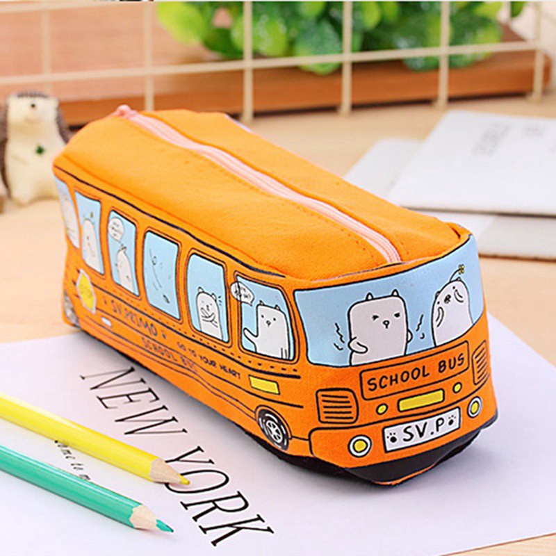 Lanfy1 Túi vải canvas đựng bút hình xe buýt dễ thương