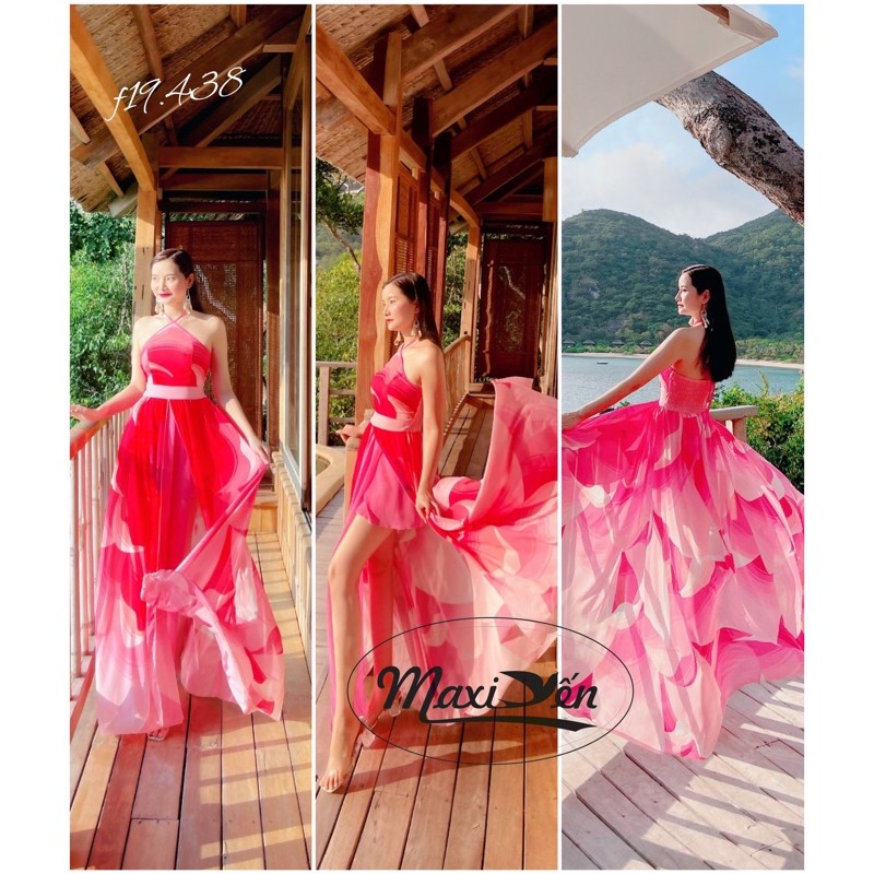 ĐẦM MAXI LOANG HỒNG XẺ TÀ NHÚN LƯNG CỔ YẾM VÁY ĐI BIỂN F19.438 MAXI YẾN