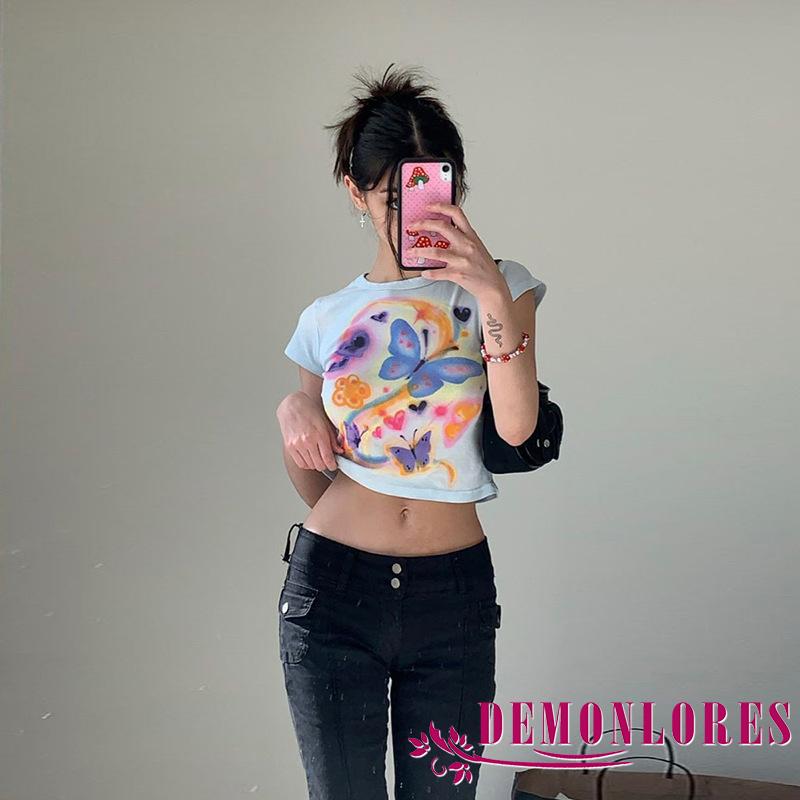 Áo croptop ôm tay ngắn nhuộm màu hình con bướm cho nữ