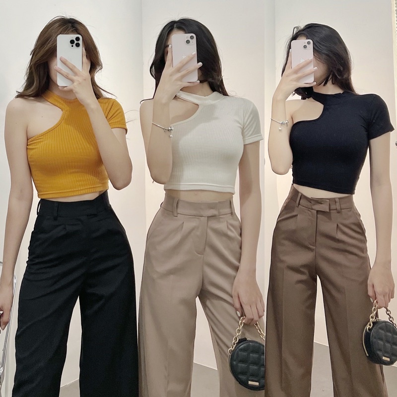 Áo Thun Gân Croptop Vintage Lệch Vai Xịn Xò [ ẢNH THẬT ] MÓM STORE