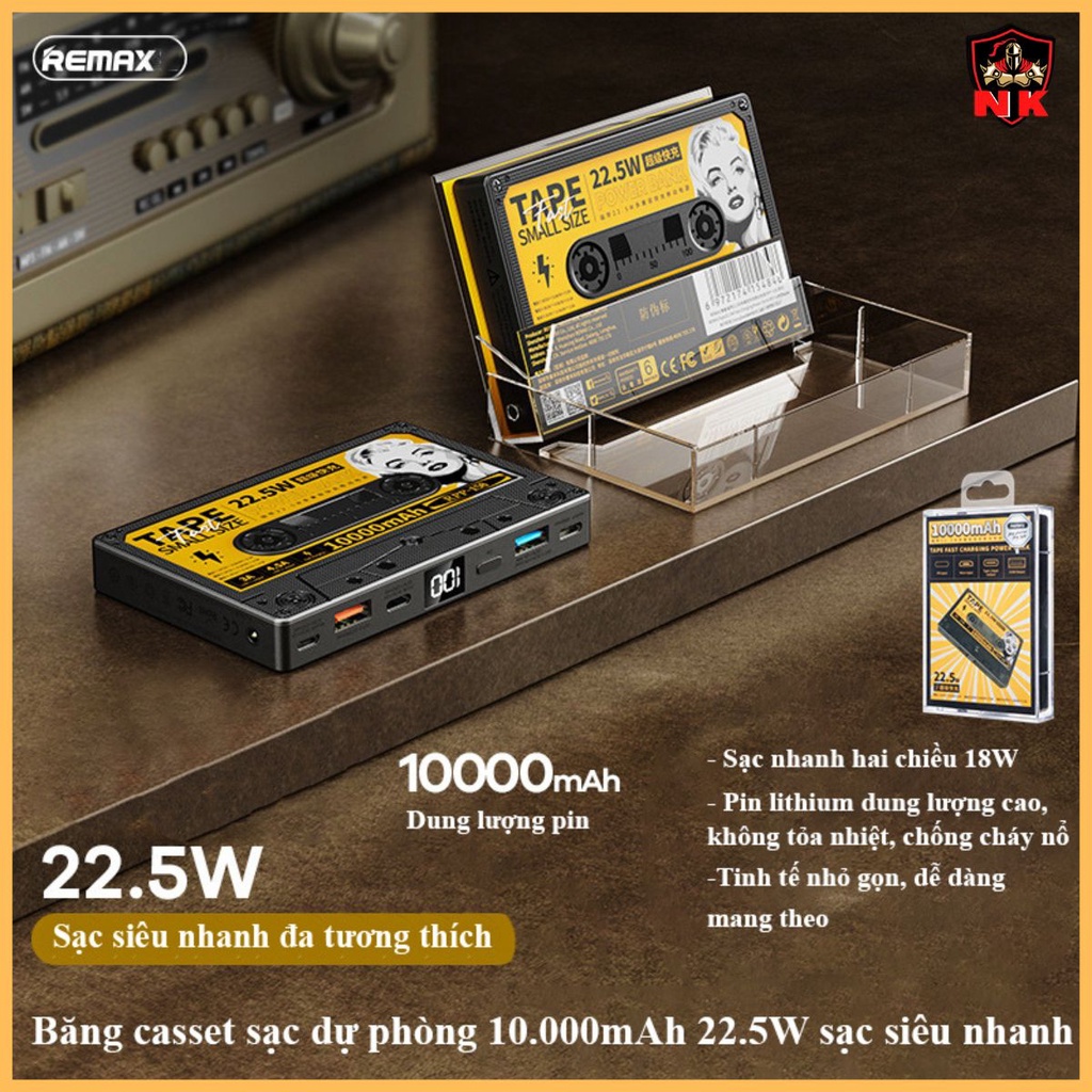 Cục sạc dự phòng 10000mAh REMAX kiểu dáng cassette sạc siêu nhanh 22.5W , pin dự phòng chất lượng