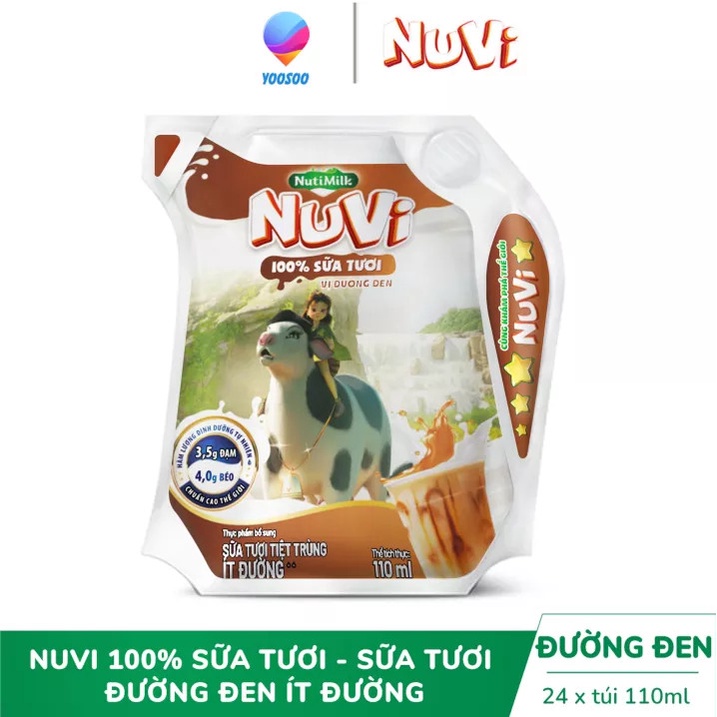 [CÓ THẺ ĐỔI QUÀ] Thùng 24 túi NuVi 100% Sữa Tươi – Sữa Tươi Tiệt Trùng Ít Đường Vị Đường Đen Túi NuVi Power 110 ml - YSM