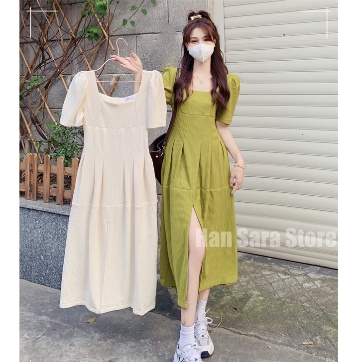 Váy dài maxi cổ vuông màu be xanh cốm cộc tay ngắn