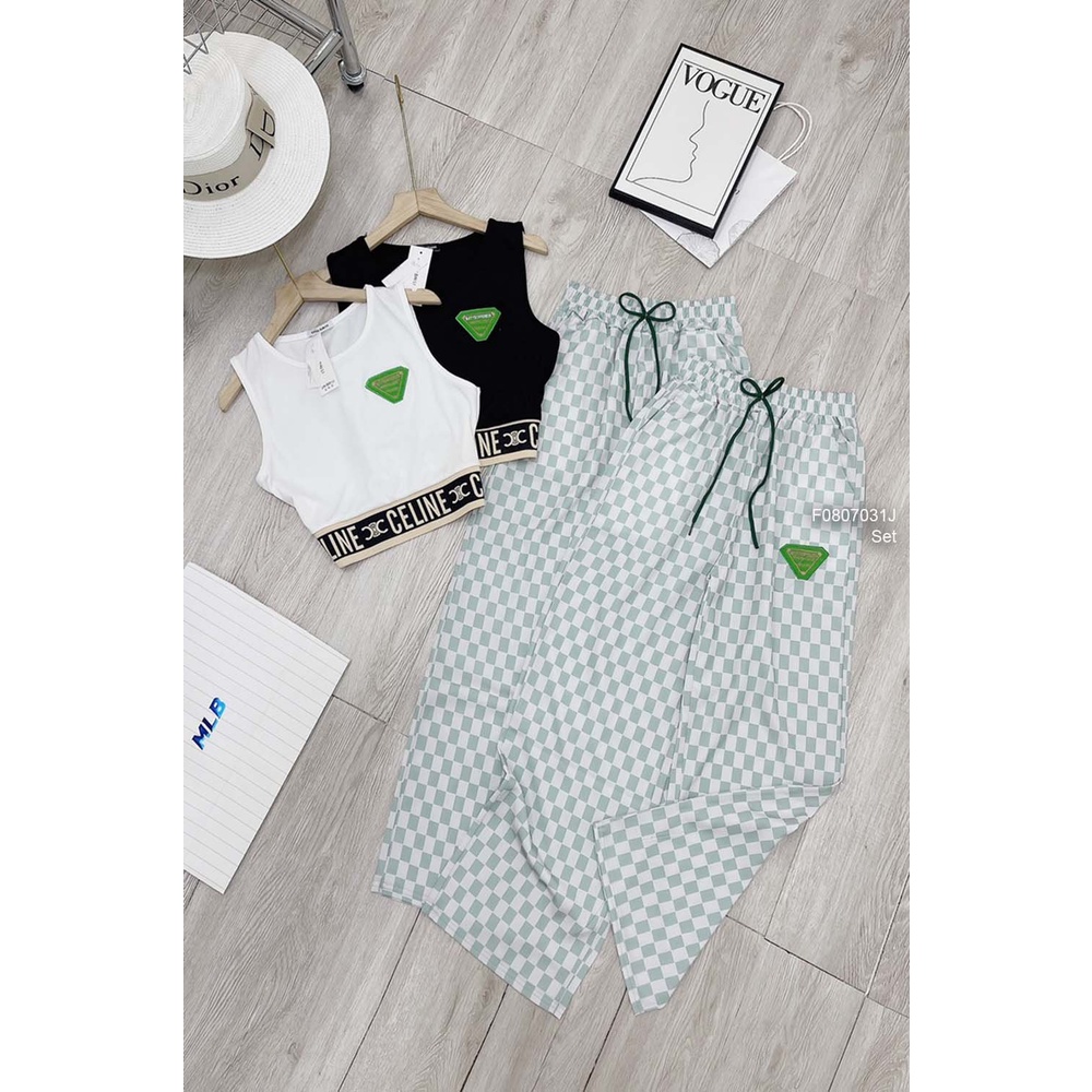Set áo croptop ba lỗ ngực thêu logo+ quần suông caro!