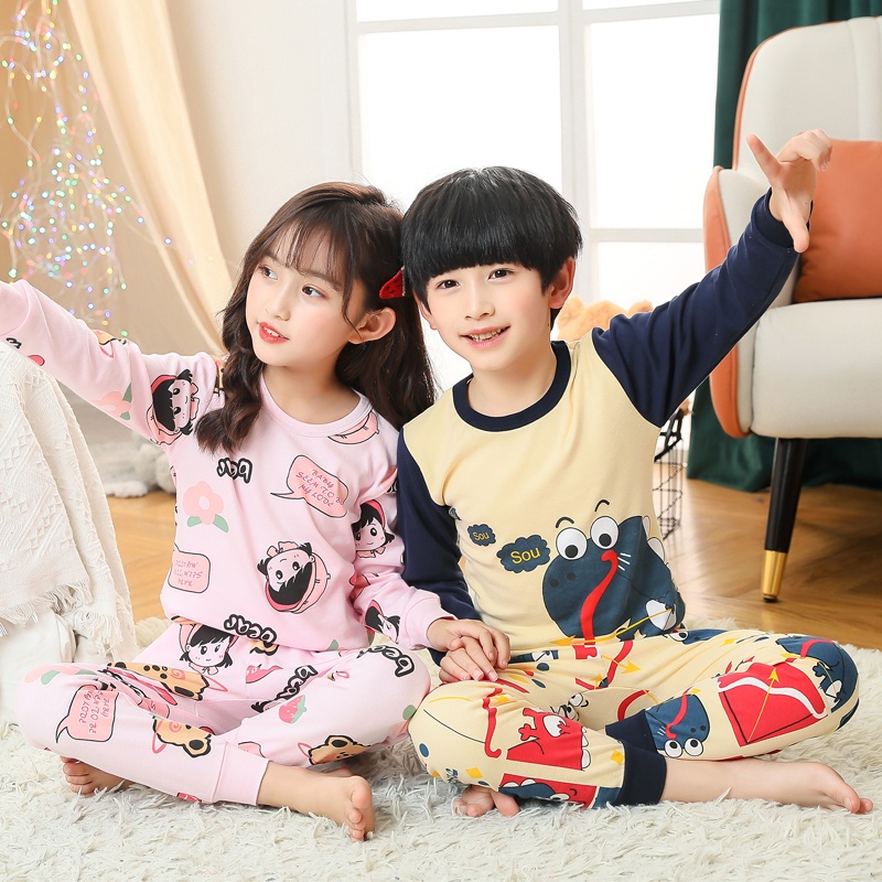 Bộ đồ ngủ 2 món 100% cotton in họa tiết hoạt hình size 90-160 cho bé