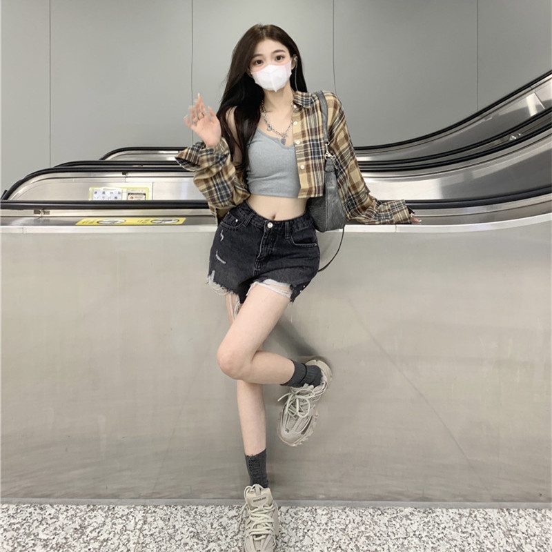 Áo Sơ Mi Nữ Ca Rô Dài Tay Cổ Bẻ Thời Trang Hàn