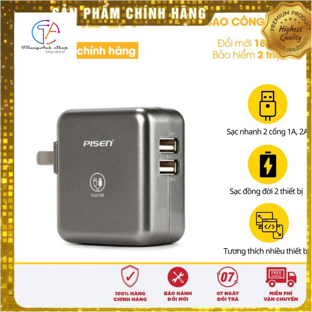 [ FREE SHIP ] Củ sạc Pisen Dual Port 2A 10W - SMART CHARGER