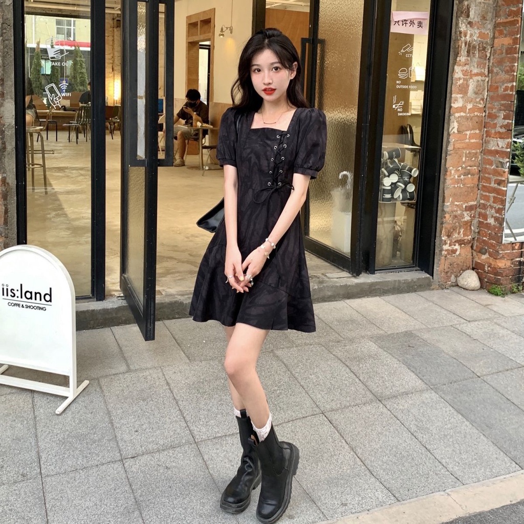Đầm Tay Phồng Cổ Vuông Phong Cách Hepburn Hàn Quốc Thời Trang 2022 Mới