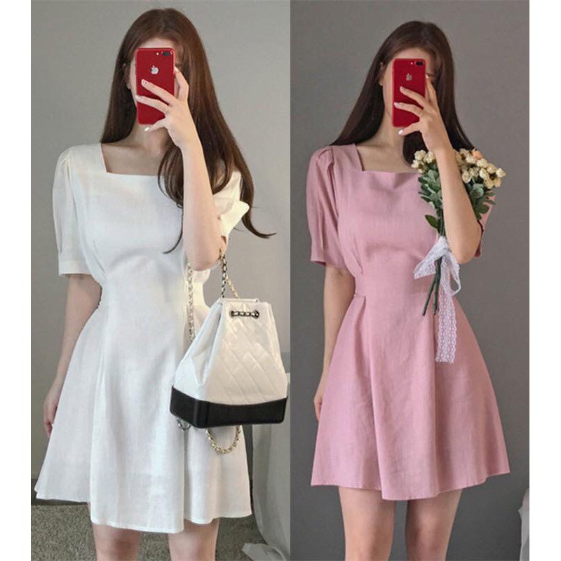Đầm Xòe Cột Eo Cổ Vuông Hai Màu Ms304