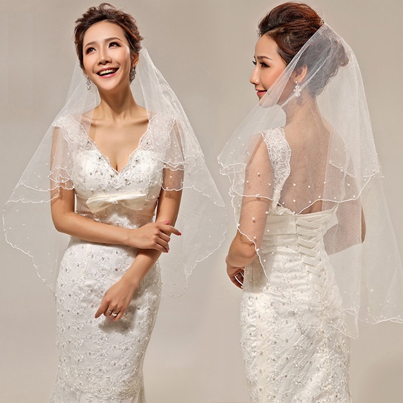 Mạng che mặt nhiều lớp đính hạt ngọc trai thời trang sang trọng cho cô dâu