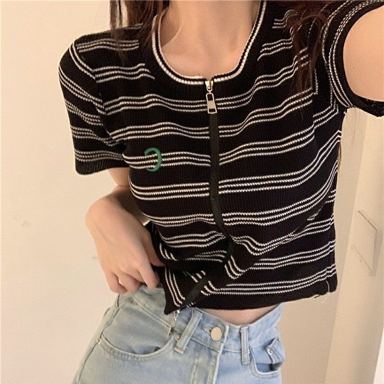 Áo Cardigan Dệt Kim Tay Ngắn Họa Tiết Kẻ Sọc Thời Trang Mùa Hè Xinh Xắn Cho Nữ